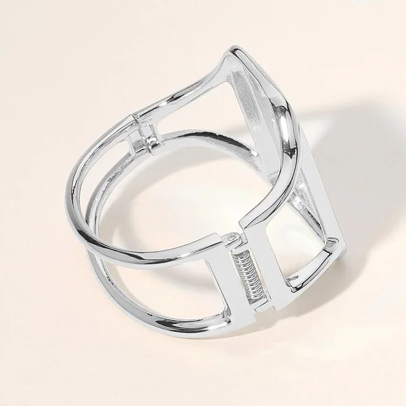 Silver Metal Rectangle Plated Hinged Bangle Bracelet - Picture 2 of 2